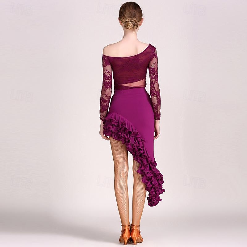 Latin Dance Skirts Pure Color Women's Performance Training Long Sleeve Lace3