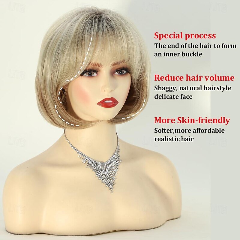 Short Blonde Bob Wigs for White Women Mixed Blonde Short Bob Wig with Bangs Synthetic Layered Natural Looking Blonde Wigs With Dark Roots for Women Old Lady Wig for Daily Party Use2