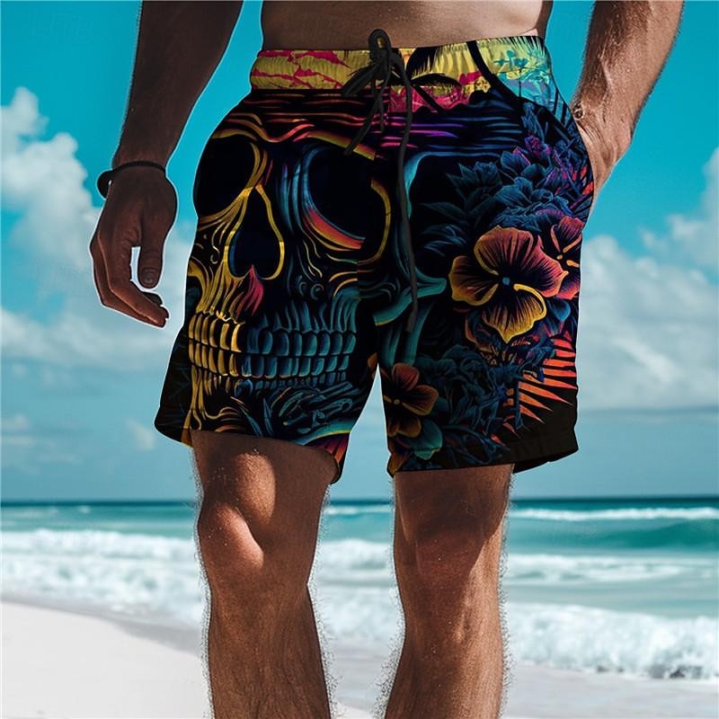 Men's Skull Coconut Tree Swim Trunks Swim Shorts Board Shorts Mid Waist Vacation Hawaiian Holiday Vacation Holiday Beach Drawstring with Mesh lining Elastic Waist Designer Clothing Apparel2