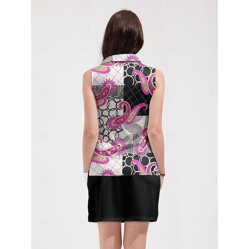 Women's Golf Polo Shirt Pink Sleeveless Top Paisley Ladies Golf Attire Clothes Outfits Wear Apparel2