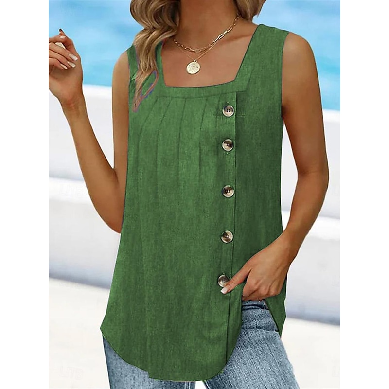 Women's Camisole Tank Top Sleeveless Round Neck Asymmetrical Button Side Solid Color Casual Summer Top Regular Fit Charcoal Green3
