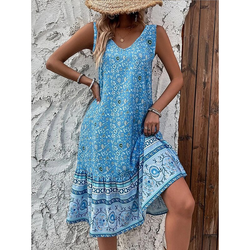 Women's Mini Dress Petite Dress A Line Dress Tank Dress Slip Dress Boho Vacation Party Casual Loose Fit Floral Sleeveless V Neck Pink Navy Blue Blue Green Summer2