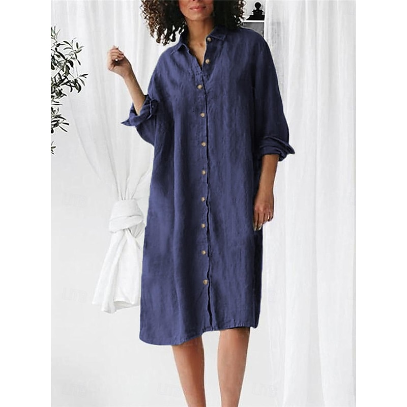 Women's Cotton Linen Dress Home Daily Bed Long Sleeve Lapel Wine Army Green Navy Blue Summer Spring