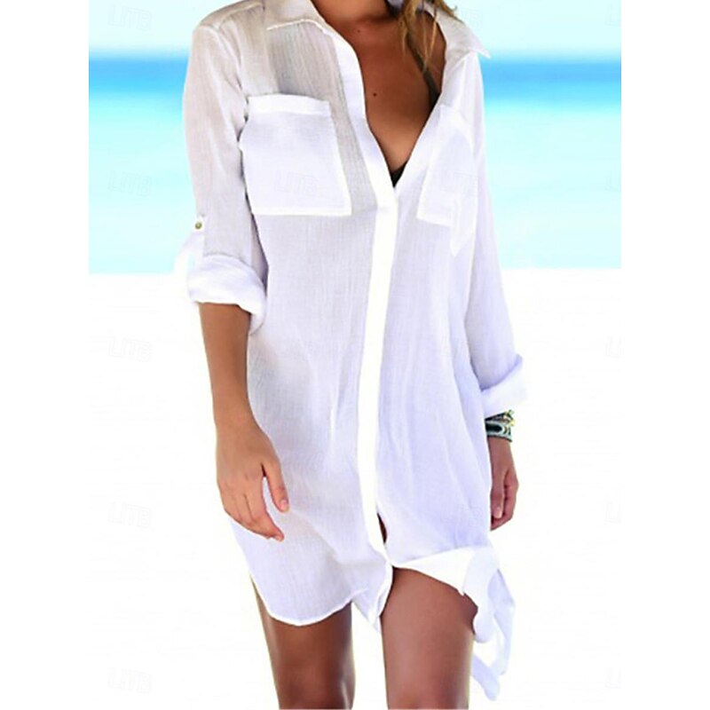 Women's White Dress Mini Dress Button Vacation Beach Basic Shirt Collar Long Sleeve Black White Navy Blue Color