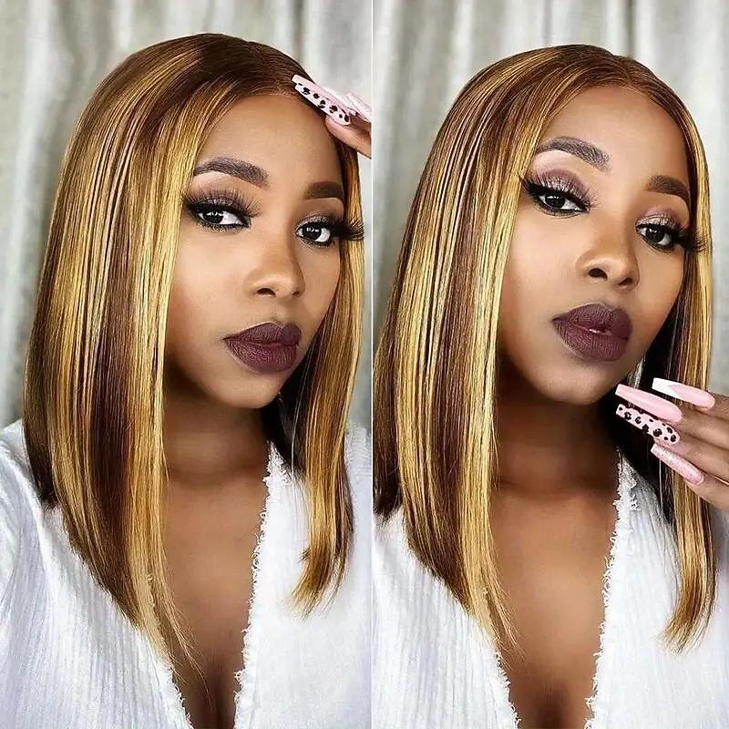 13x4 Lace Wig Highlight Straight Short Bob Wig Transparent Lace Frontal Human Hair Wigs For Women Ombre Highlight3