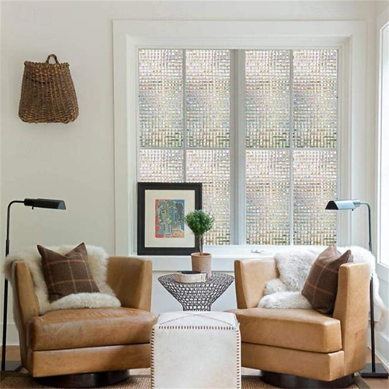 Glass Window Film 3D Adhesive Free Static Privacy Window Film Decorative Glass Mosaic Film Grid Privacy Glass Film 45*100CM4