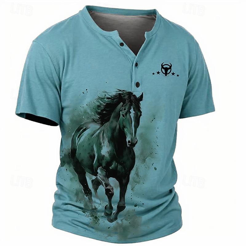 Men's Graphic Horse Faith T shirt Henley Shirt Tee Top Short Sleeve 3D Print Classic Casual Sports Outdoor Holiday Going out Spring & Summer Blue Khaki Gray Henley Henley T-Shirt4