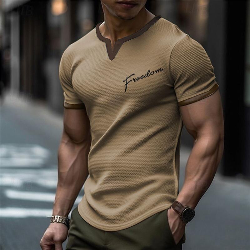 Men's Graphic Patchwork Letter Waffle T Shirt Short Sleeve T shirt 3D Print V Neck Shirt Designer Retro Vintage Casual Sports Outdoor Holiday Going out Black Blue Brown Spring & Summer Clothing4