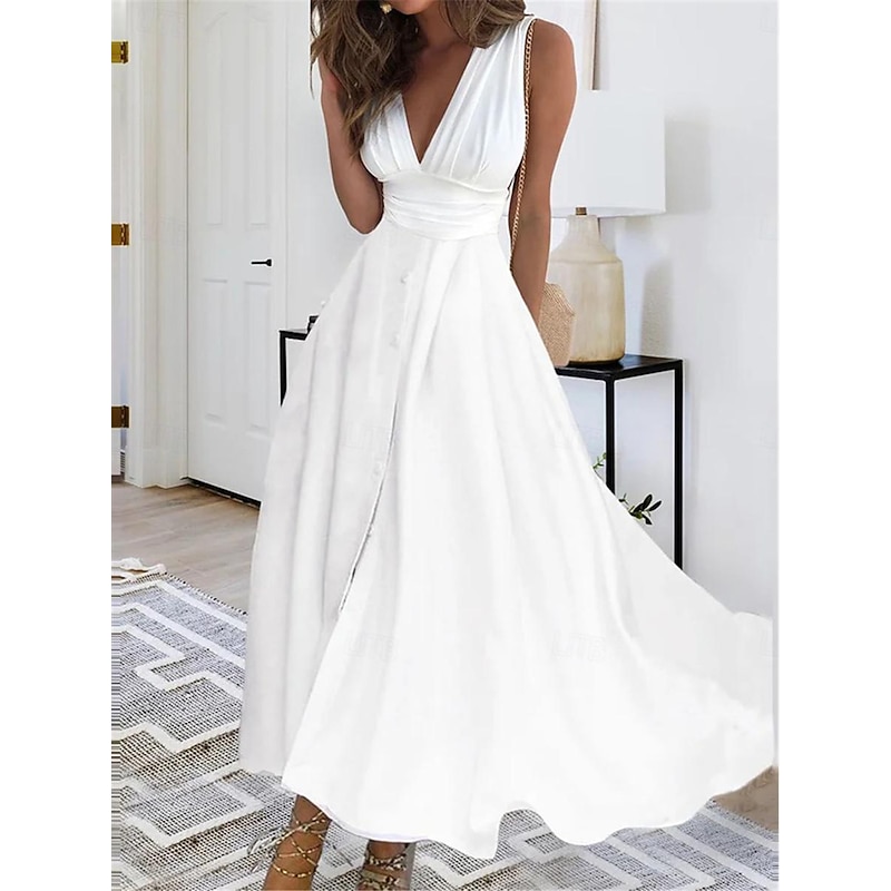 Women's Maxi Dress Elegant White V-Neck Sleeveless Cinched Waist A-Line Formal Evening Wedding Prom Spring Summer Full Size Flattering Fit Clothing Apparel