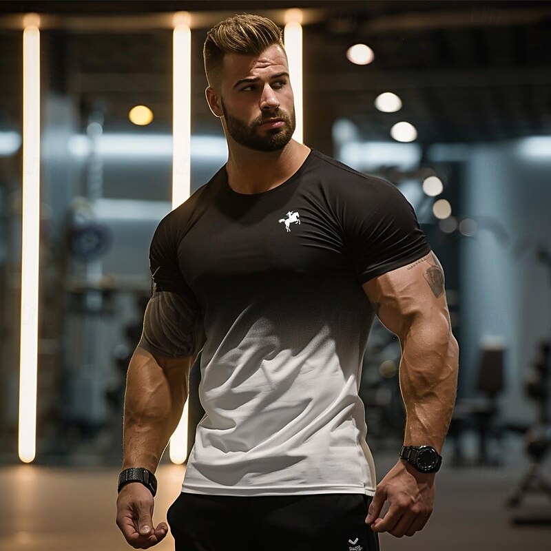 Men's T Shirt Sports T-Shirt Crew Neck Short Sleeve Vacation Sports & Outdoor Casual Daily Gym Quick dry Breathable Gradient Black / White White Activewear Polyester Fashion Basic