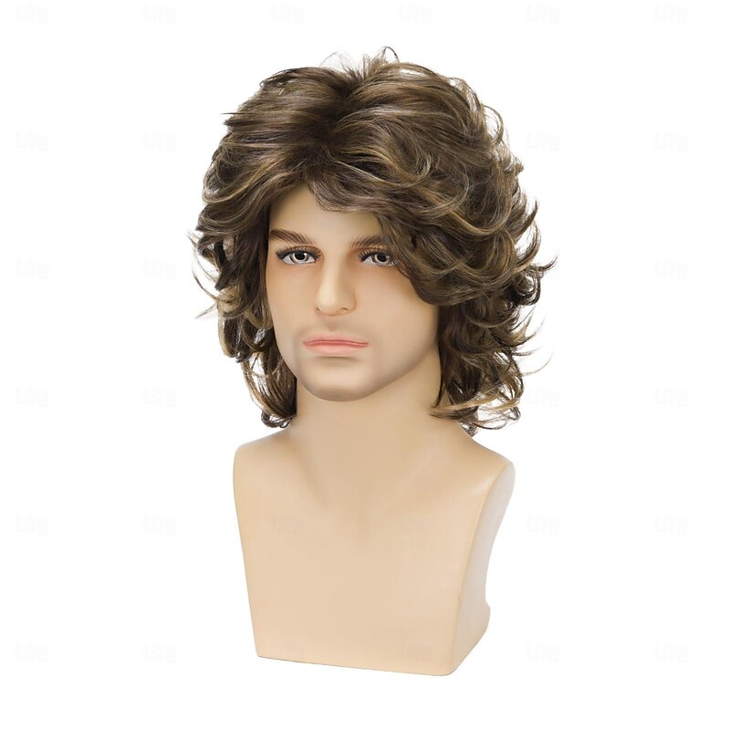 Mens Wigs 80s Brown Mix Blonde Fluffy Wavy Layered Wig Cosplay Rocker Party Halloween Costume Synthetic Hair3