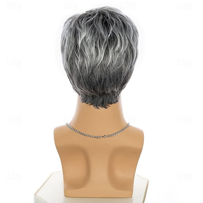 Men's Wigs Grey Short Straight Hair Fluffy Looking Shaggy Layered Natural Side Part Wig Synthetic Hair Wigs Heat Resistant Replacement Full Wigs Grey4