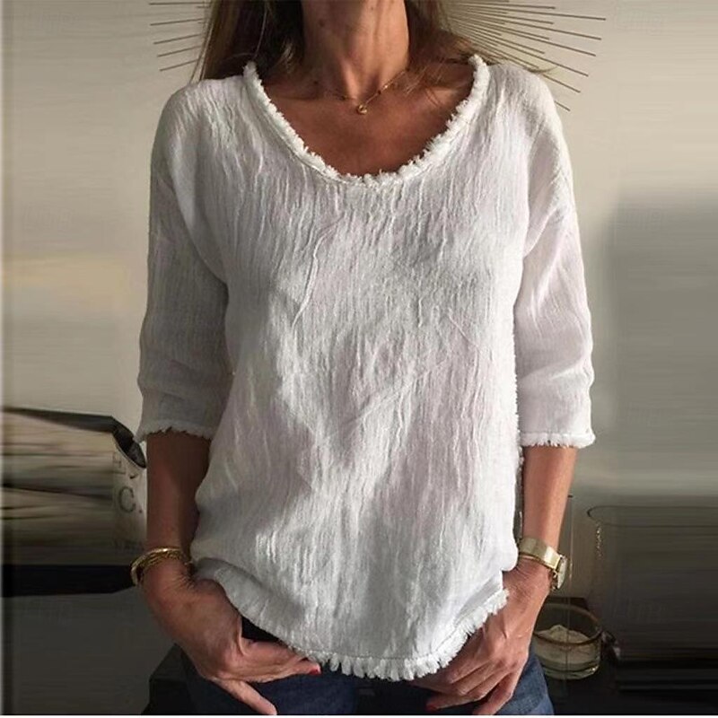 Women's Linen-Inspired Shirts T Shirt Solid Color Fashion Round Neck Street Daily Tassel White Yellow Wine Gray Summer