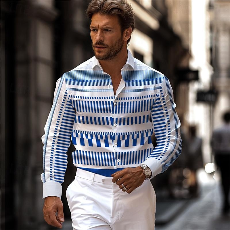 Men's Stripe Geometric Pattern Geometry Printed Shirts Long Sleeve Business Casual Street Wear to work Daily Wear Spring & Summer Turndown Print Button-Down Blue Purple