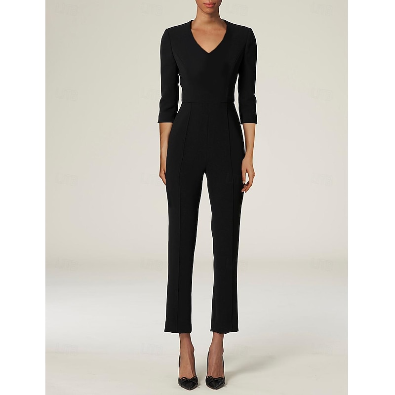 Jumpsuit With Overskirt Mother of the Bride Dress Elegant Simple Black Dress V Neck Sweep / Brush Train Stretch Fabric 3/4 Length Sleeve with Solid Color  dress to impress stretch dress3