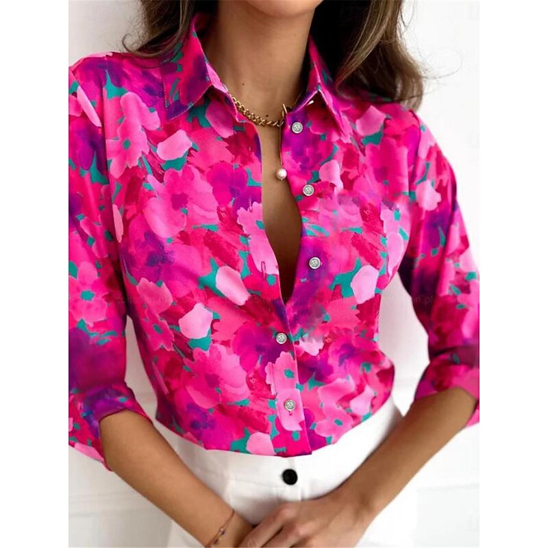 Women's Shirt Button Down Tunic Shirt Collar Long Sleeve Floral Print 3/4 Sleeve Spread Collar Pink Magenta White -Down Spring Casual Elegant Tropical Vacation Sizes Available