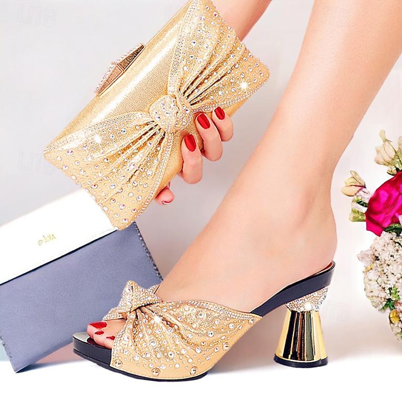 Women's Rhinestone Embellished Mules with Matching Clutch Bag – Elegant Black High Heel Shoes and Bow Detail for Weddings and Special Occasions 10