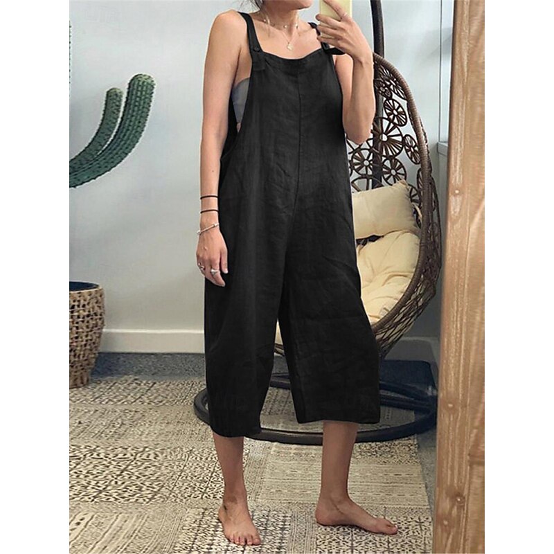 Women's Normal Overall Streetwear Solid Color Sleeveless Square Neck Pocket Street Daily Regular Fit Black Yellow Army Green Summer4