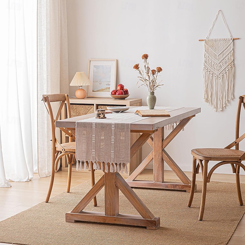 Boho Table Runner for Home Decor 72 Inches Long Farmhouse Rustic Table Runner Cream & Brown Macrame Table Runner with Tassels for Dining Living Room Bedroom Decor Bridal Shower2