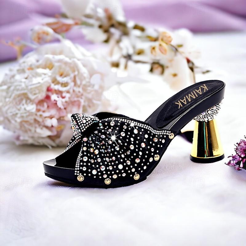 Women's Rhinestone Embellished Mules with Matching Clutch Bag – Elegant Black High Heel Shoes and Bow Detail for Weddings and Special Occasions