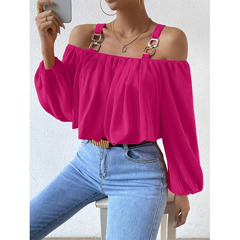 Shirt Blouse Women's Pink Plain Cold Shoulder Street Daily Fashion Off Shoulder Regular Fit S