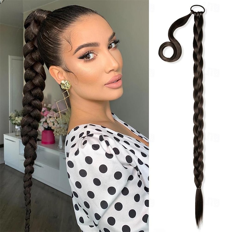 Long Braided Ponytail Extension with Hair Tie Black Straight Wrap Around Hair Extensions Ponytail Natural Soft Synthetic Hair Piece for Women Daily Wear 32 Inch