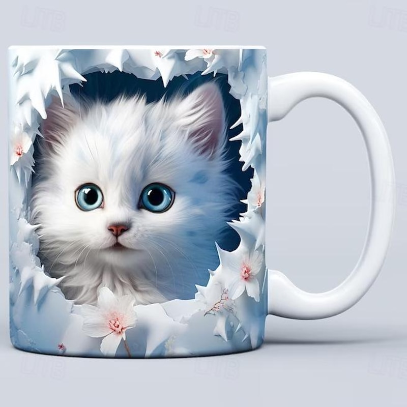 3D Kittens Hole In A Wall Mug, 3D White Cat Mug 3D Novelty Cat Mugs Cat Lovers Coffee Mug Cat Club Cup White Ceramic Mug Gifts For Men Women3