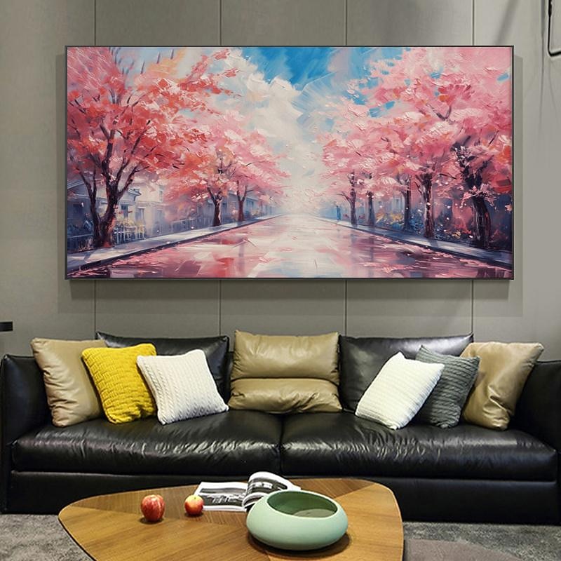 Hand Painted Pink Cherry Blossom Tree Landscape Thick Oil Painting Texture Flowers Art Bright Home Decor (No Frame)3