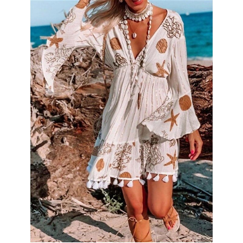 Women's Casual Dress Graphic Tassel Fringe Print V Neck Mini Dress Bohemia Vacation Beach Summer