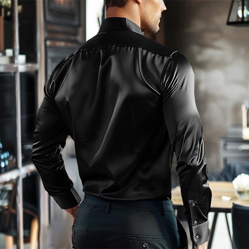 Men's Shirt Satin Shirt Casual Shirt Button Up Shirt Plain Wedding Vacation Light Blue Black White Wine Long Sleeve Lapel Spring & Summer Clothing Apparel2