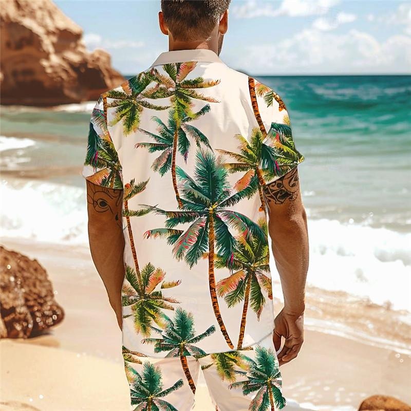 Men's Tropical Palm Tree Tropical Plants 2pcs Shirts Sets Summer Hawaiian Shirt Short Sleeve Short Pants Turndown Vacation Hawaiian Outdoor Vacation Hawaiian Pocket Buttons Print Summer All Seasons2