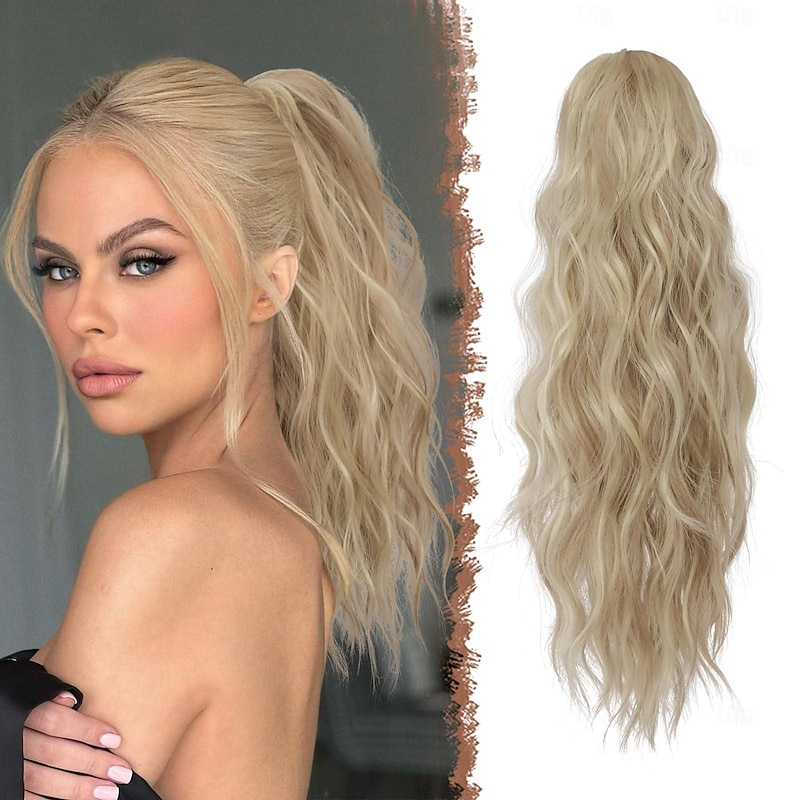 Ponytail Extensions Drawstring Ponytails Hair Extension Light Ash Brown Bleach Blonde Long Curly Wavy Hair Piece Synthetic Pony Tail Hairpieces for Women