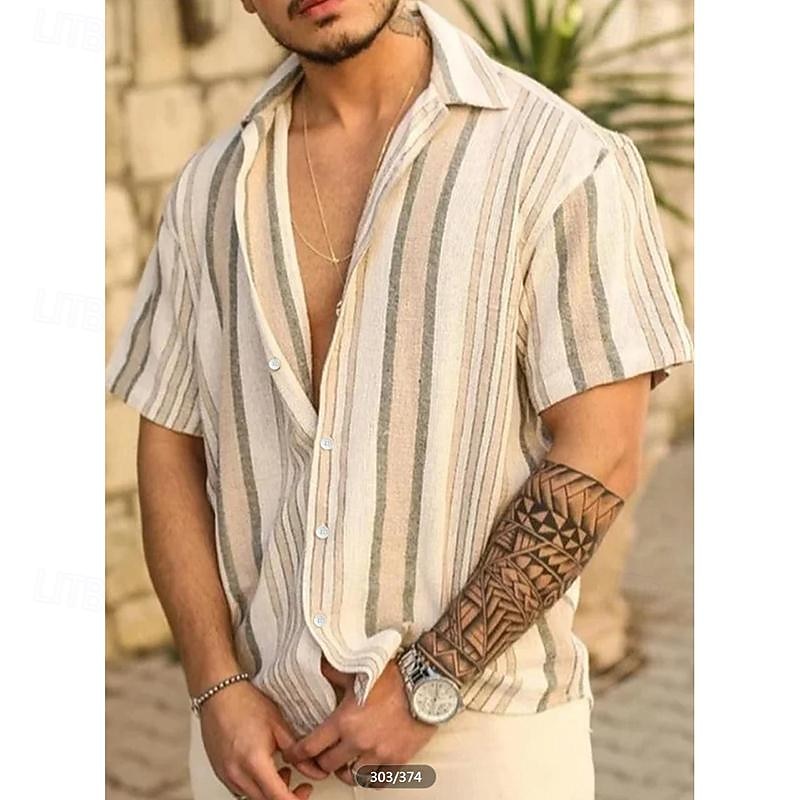 Men's Striped Shirt Summer Shirt Casual Shirt Short Sleeve Comfortable Fashion Casual Vacation Going out Casual Daily Spring & Summer Turndown Print White Red