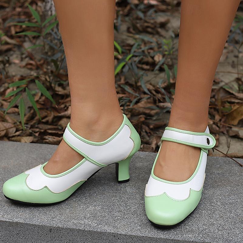 Women's Sandals Mary Jane Work Daily Cuban Heel Round Toe Elegant Vintage Faux Leather Buckle Black Brown Green3