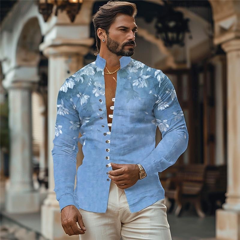 Men's Floral Button Up Shirt Printed Shirts Long Sleeve Hawaiian Resort Outdoor Holiday Daily Wear Spring & Summer Standing Collar Print Button-Down Blue Khaki4