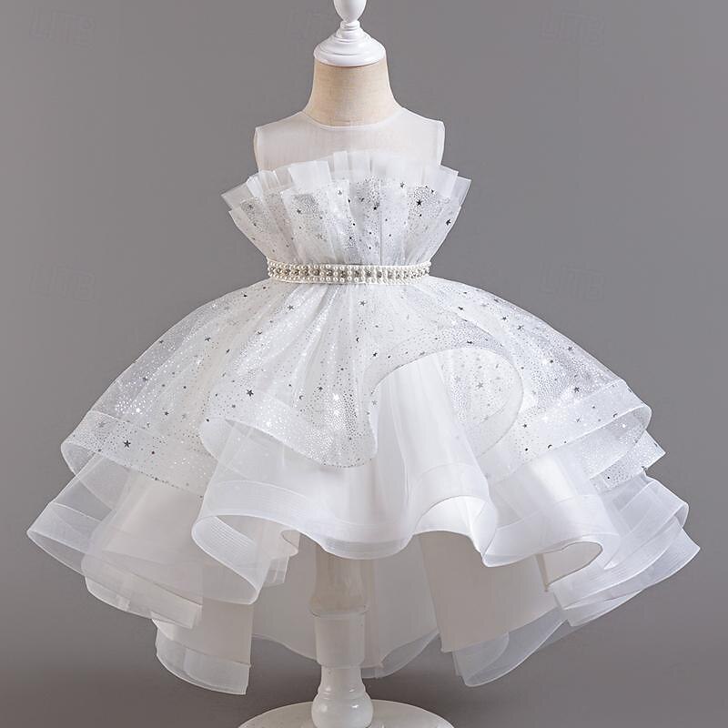 Kids Girls' Flower Girl Dress Party Dress Sequin Sleeveless Wedding Party Special Occasion Sequins Mesh Adorable Sweet Cotton Polyester Asymmetrical Party Dress Summer Spring Fall 4-13 Years White