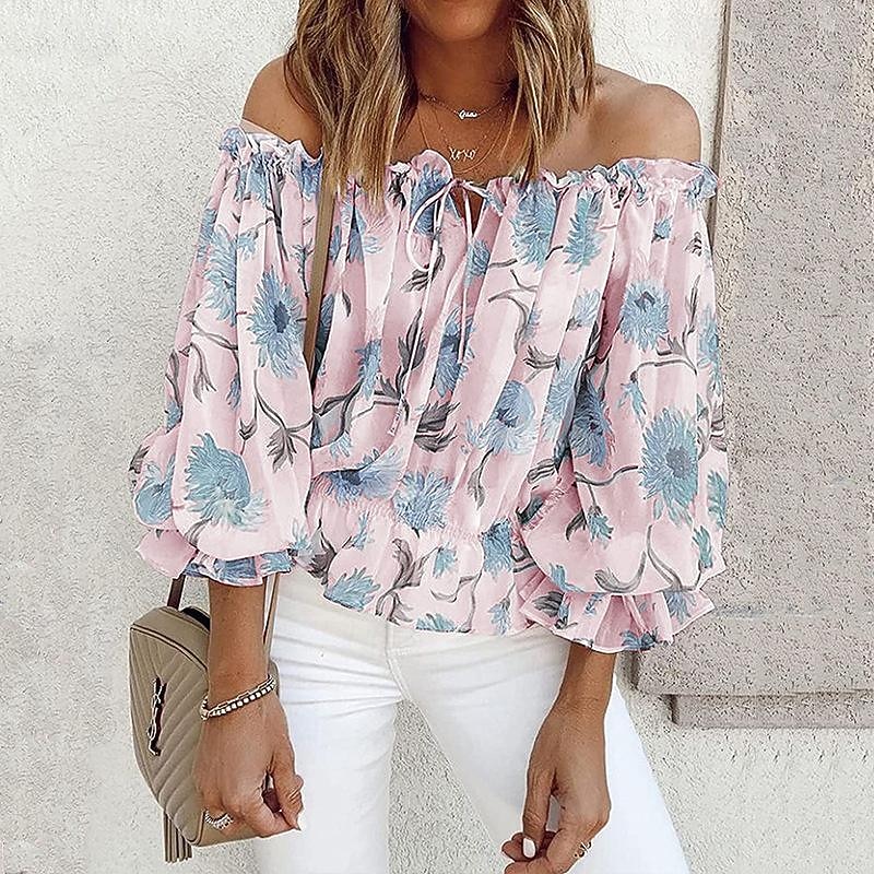Women's Shirt Blouse Floral Fashion Long Sleeve Cold Shoulder Off Shoulder Regular Tops Casual Holiday Lace up Buttons Print White Pink Blue Beige Summer2