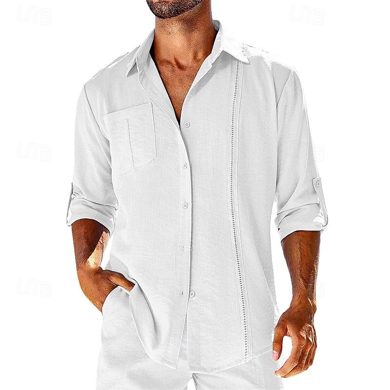 Men's Shirt Linen Shirt Cotton Linen Shirt Summer Shirt Beach Shirt Plain Hawaiian Holiday Black White Navy Blue Apricot Long Sleeve Lapel Spring &  Fall Clothing Apparel Patchwork4