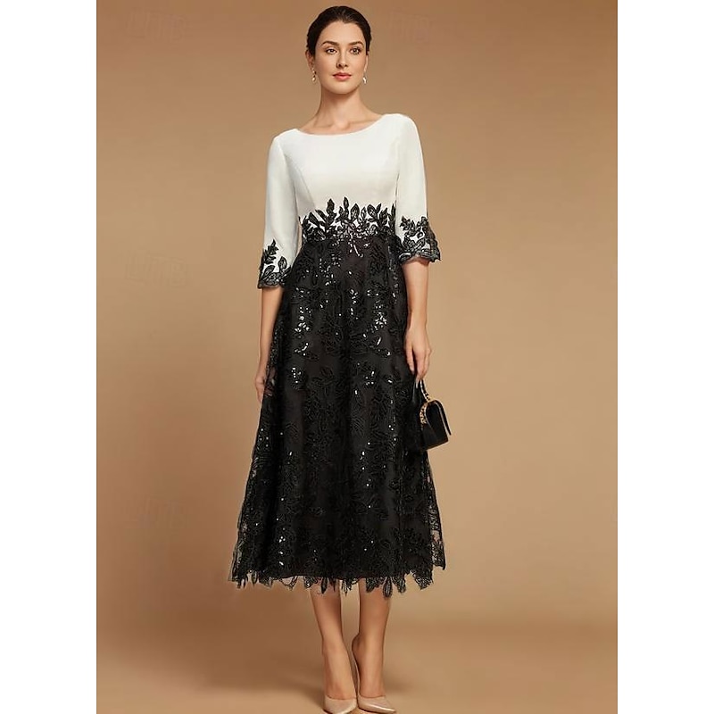 A-Line Mother of the Bride Dress Wedding Guest Elegant Vintage Jewel Neck Tea Length Lace Half Sleeve with Lace Color Block