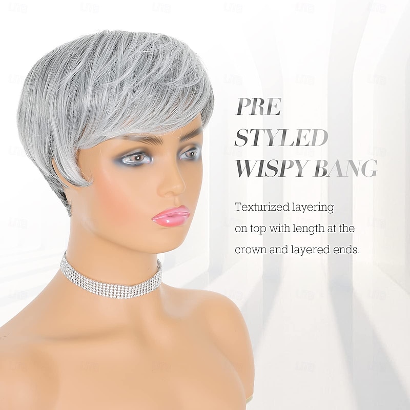 Pixie Cut Wigs Synthetic Short Ombre Gray Pixie Haircut Wig with Bangs Glueless Layered Wig Wavy Grey to Black Wigs for Women4