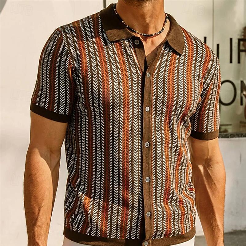 Men's Golf Shirt Golf Polo Work Casual Lapel Short Sleeve Basic Modern Color Block Striped Patchwork Button Spring & Summer Regular Fit Wine Navy Blue Green Golf Shirt