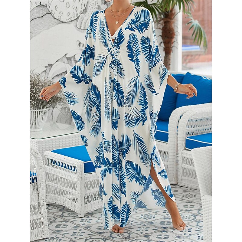 Women's Cover Up Graphic Leaf Print V Neck Long Dress Maxi Dress Hawaiian Vacation Beach 3/4 Length Sleeve Summer