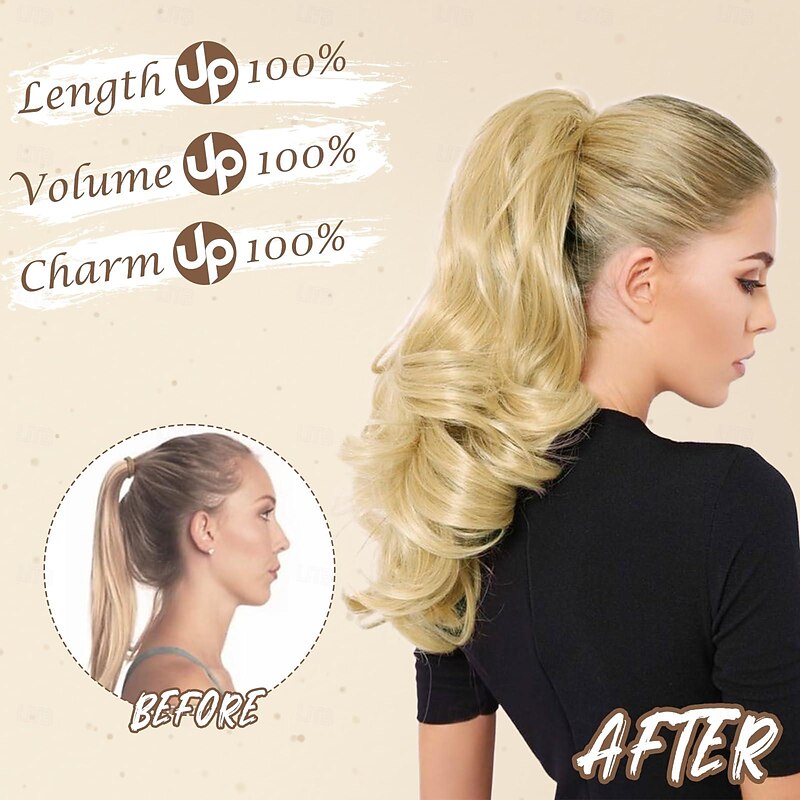 Short Drawstring Ponytail Extension, 16 In Wavy Ponytail Hair Extensions Synthetic Clip in Pony Tail Hairpieces Fake Ponytail for Women Girls Daily Halloween3