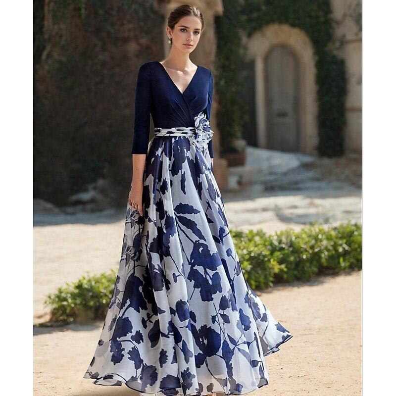 Beach Wedding A-Line Mother of the Bride Dress Formal Wedding Guest Elegant V Neck Floor Length Chiffon 3/4 Length Sleeve with Flower Wedding Guest Dress