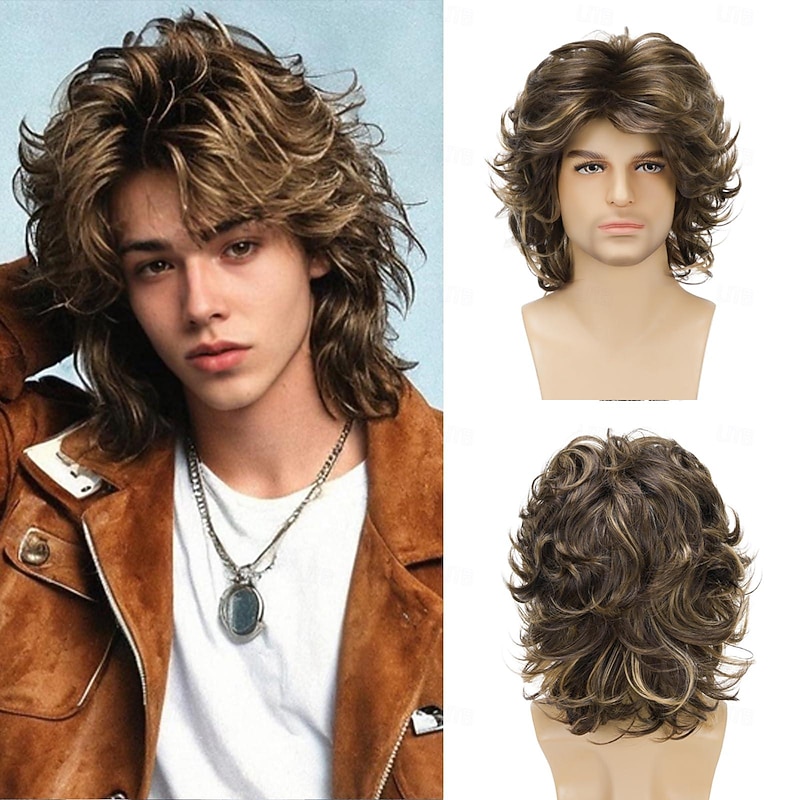 Mens Wigs 80s Brown Mix Blonde Fluffy Wavy Layered Wig Cosplay Rocker Party Halloween Costume Synthetic Hair