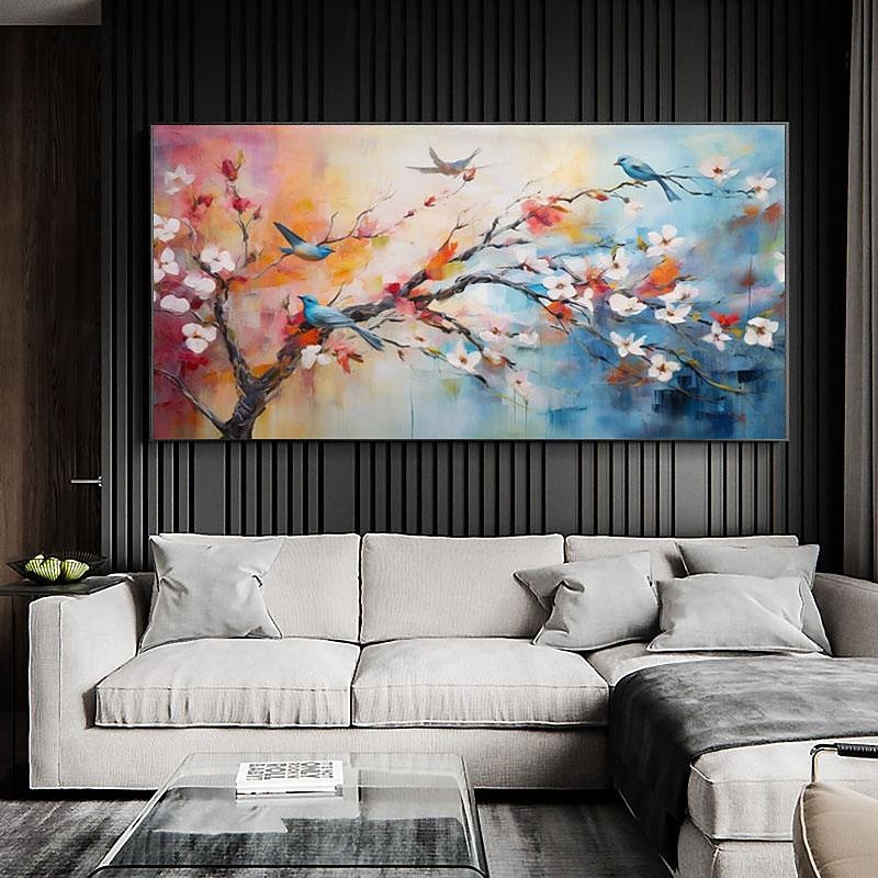 Hand Painted Colorful Oil Painting On Canvas Large Wall Art Abstract Blossom Flowers Art Birds Painting Custom Painting Living Room Decor Frameless2