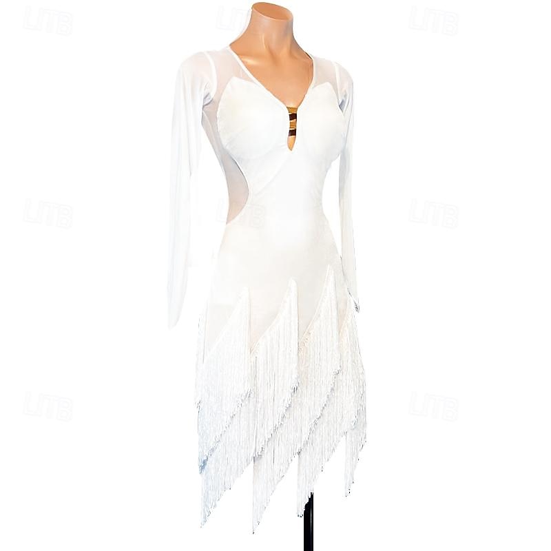 Latin Dance Dress Tassel Women's Performance Training Long Sleeve High Spandex Tulle