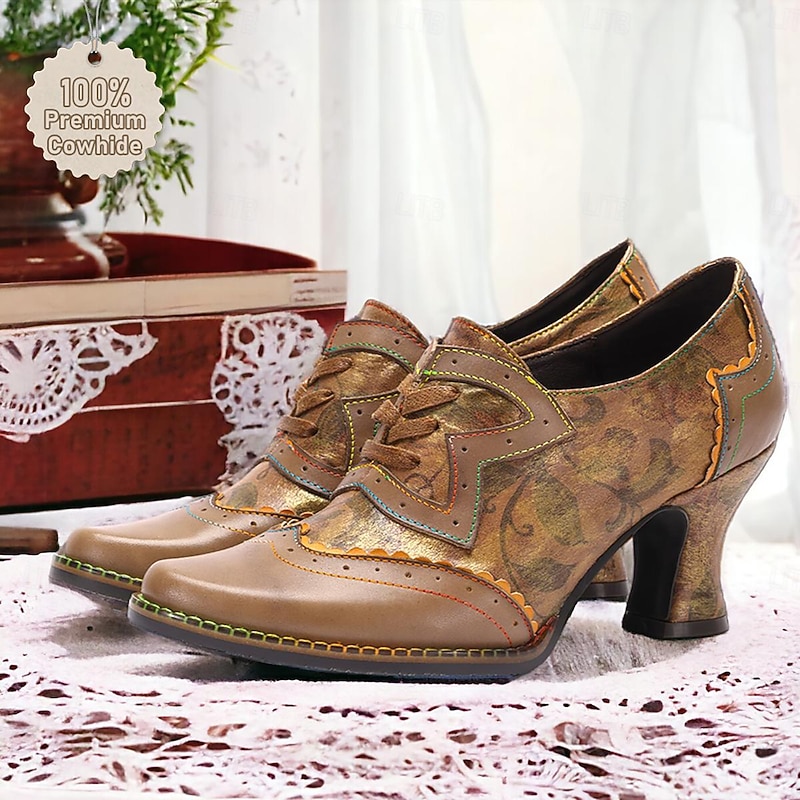 Women's Heels Pumps Handmade Shoes Vintage Shoes Wedding Party Floral Kitten Heel Round Toe Elegant Vintage Premium Leather Lace-up Brown