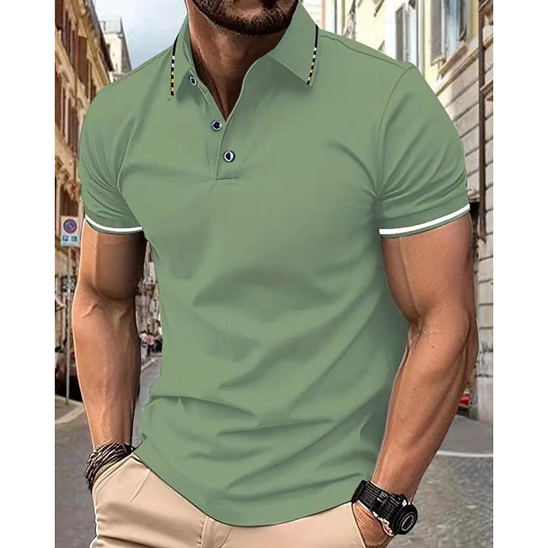 Men's Golf Shirt Golf Polo Work Casual Lapel Short Sleeve Basic Modern Color Block Patchwork Button Spring & Summer Regular Fit Wine Lake Blue Black White Pink Navy Blue Golf Shirt3