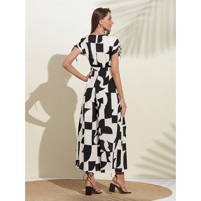 Button Drawstring Geometric Jumpsuit2